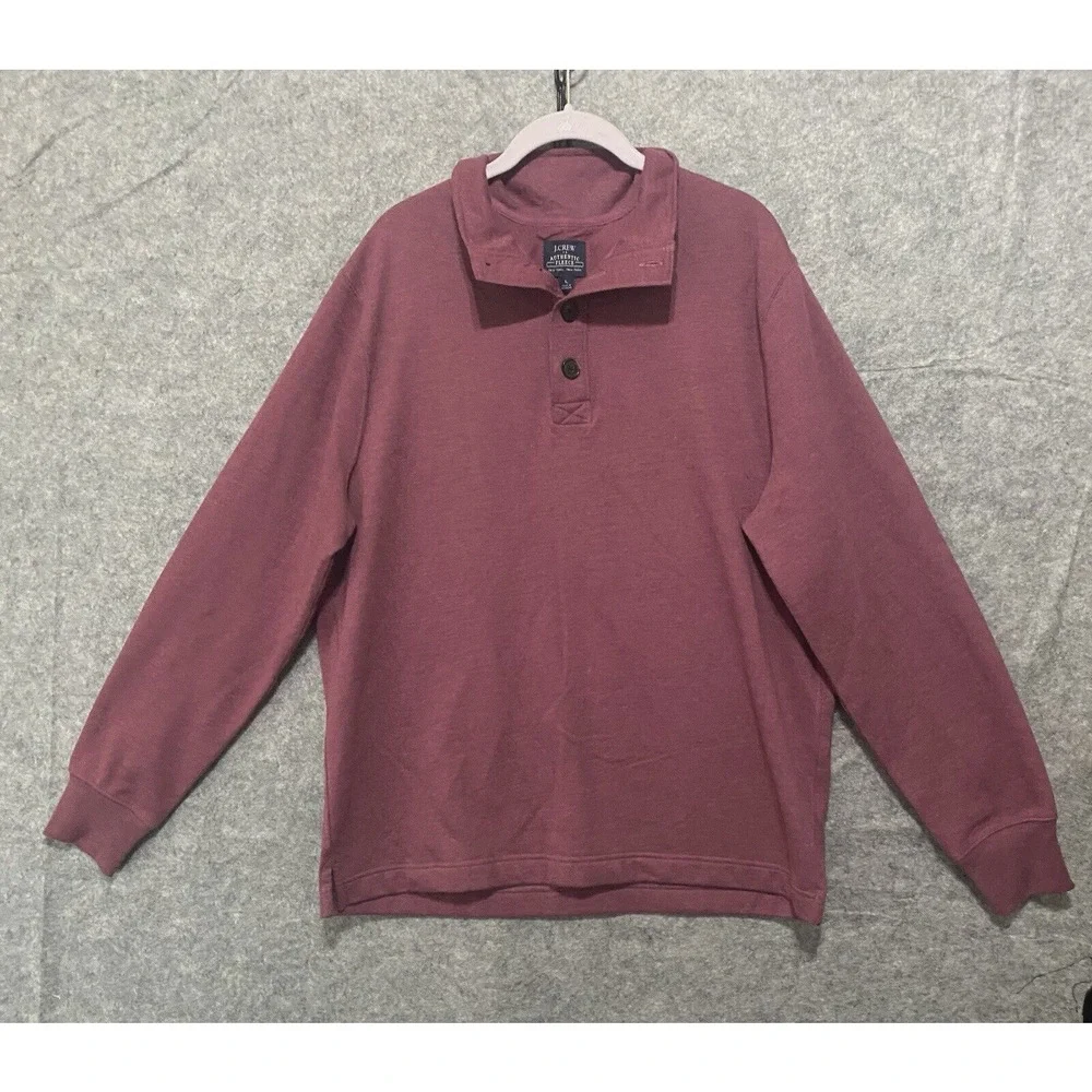 J.Crew Authentic‎ Fleece Mens Sz L Burgundy 1/4 Button Long Sleeve Athleisure